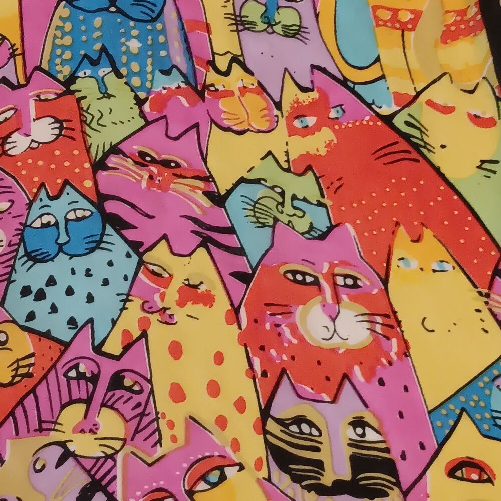 Long Rectangle Silk Scarf With Colorful Cats Red Blue Yellow Black 50" x 10"